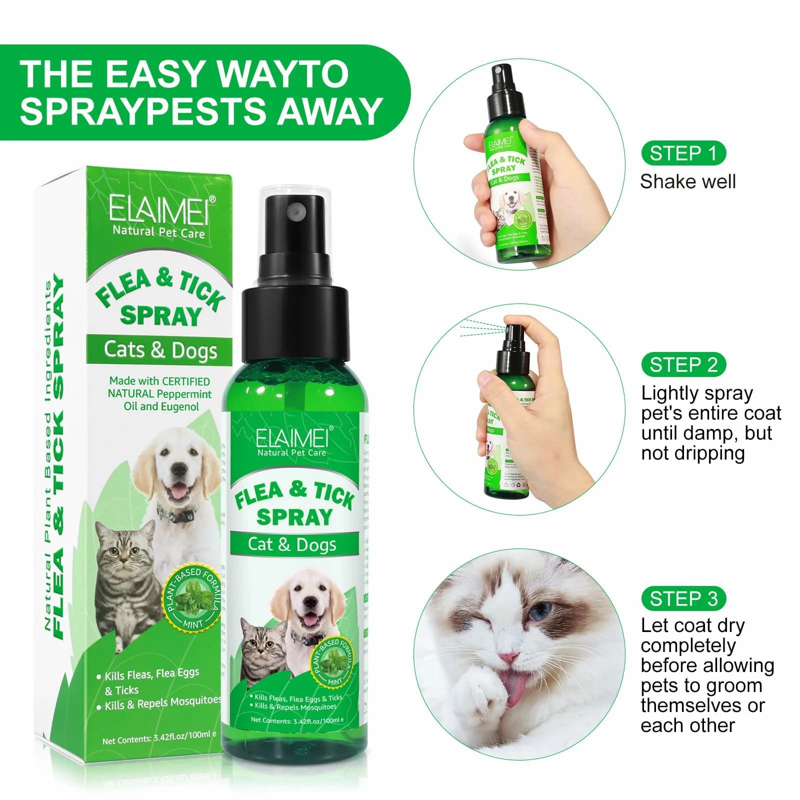 Spray topico per polpacci e zecche naturali per la cura degli animali domestici da 100 ml per cani e gatti con olio di menta piperita profumato fresco ed Eugenol