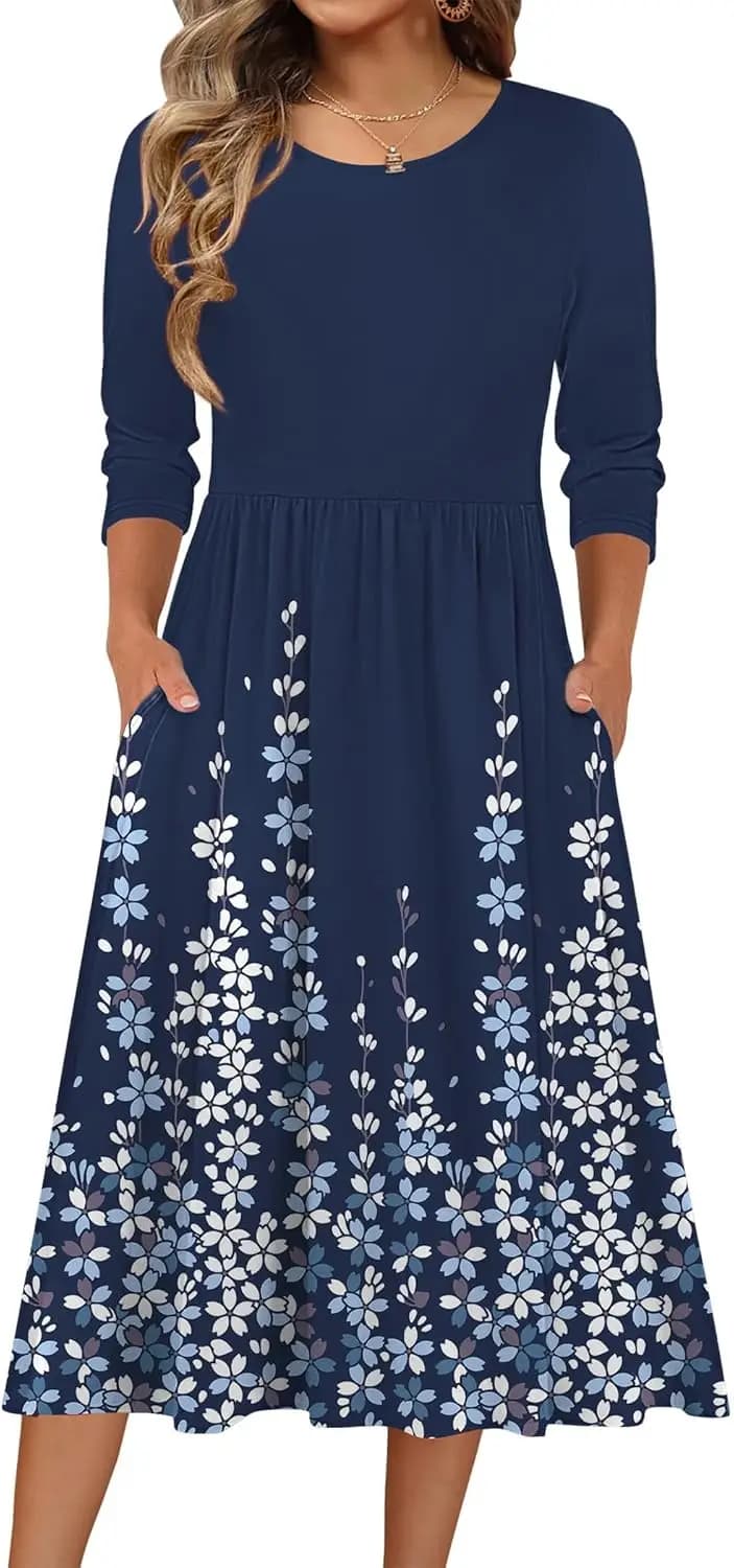Abito da donna a maniche 3/4, casual, fluido, a trapezio, midi, con tasche, girocollo, stile boho, per vacanze e spiaggia