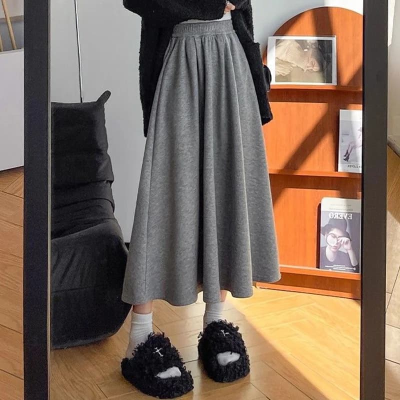 Hot Sale Female Solid Color Midi Skirts Girls Classic High Waist Thin Skirts Women Korean Casual Loose A-line Dress