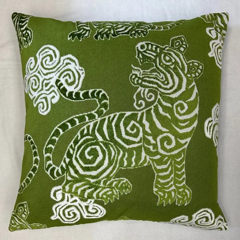Tibetan tiger Pillow Cover-bengal Pillow Cover- Pillow Cover-green Pillow Cover-Green Base Traditional Chinese Tiger Motif Sofa Accent Cushion Cover