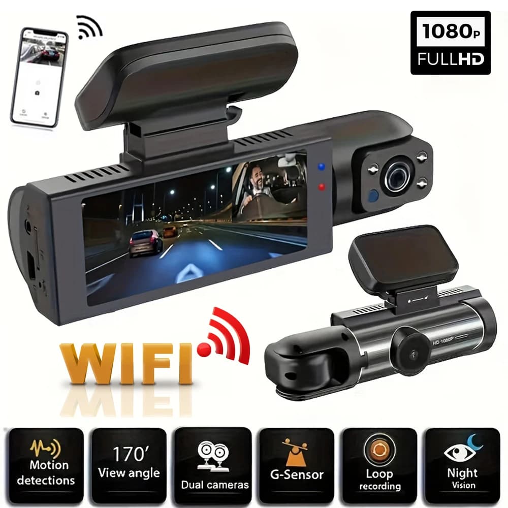 Dash Cam WIFI 1080P dual camera for cars, front and interior, with IR night vision, loop recording, DVR for wide angle car
