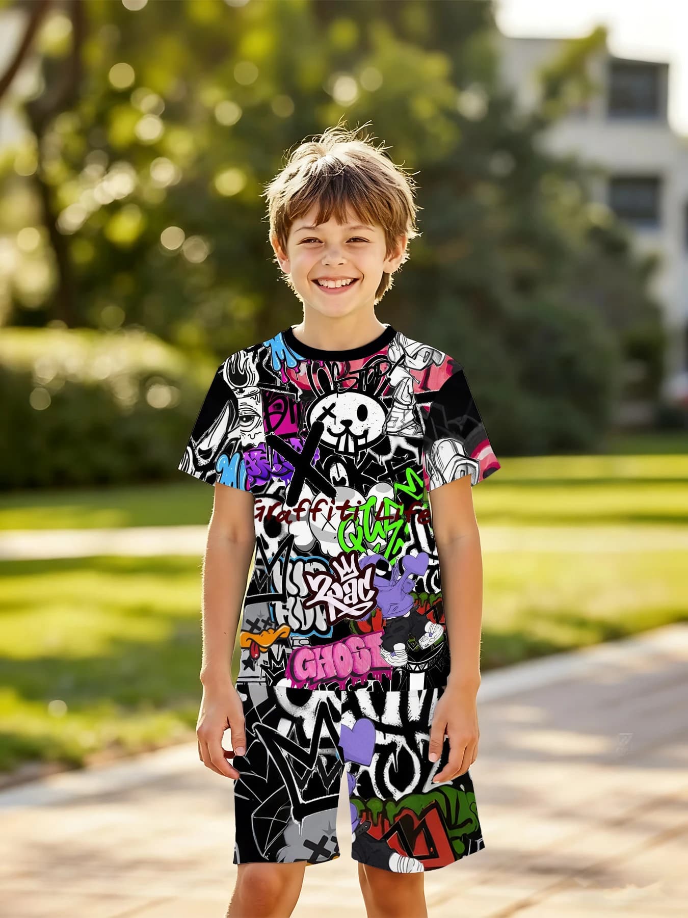 Set estivo per ragazzi con stampa all-over Street Graffiti, t-shirt a maniche corte alla moda con cartoni animati + pantaloncini, completo in 2 pezzi