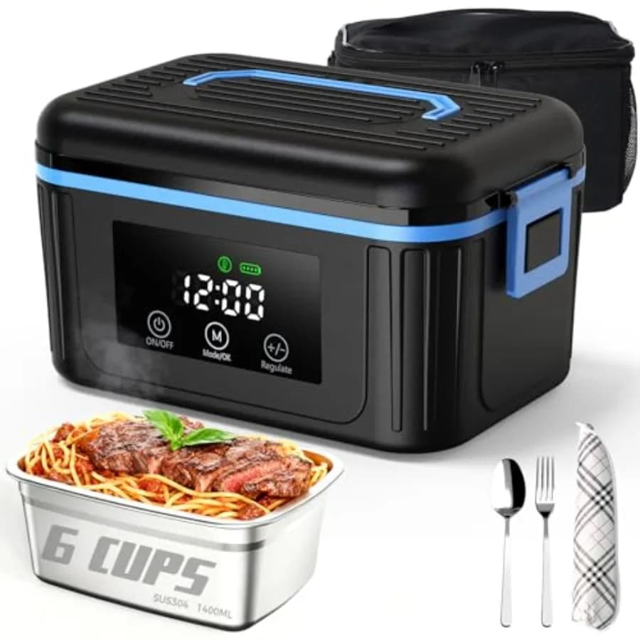 Cordless Electric Lunch Box for Adults, 304 Stainless Steel, Gray, 6-Cup Self-Heating with 18000mAh Battery Insulated Carry Bag