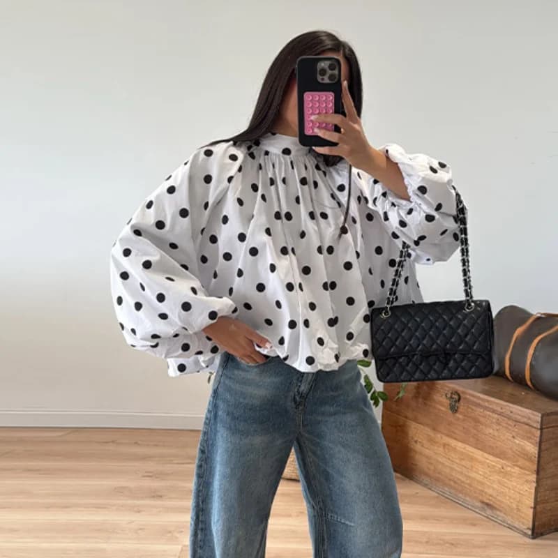 Elegante Camicia Vintage a Pois con Lacci per Donna, Blusa Larga con Maniche Lunghe a Lanterna e Schiena Scoperta, Top Casual Quotidiano da Donna 2026