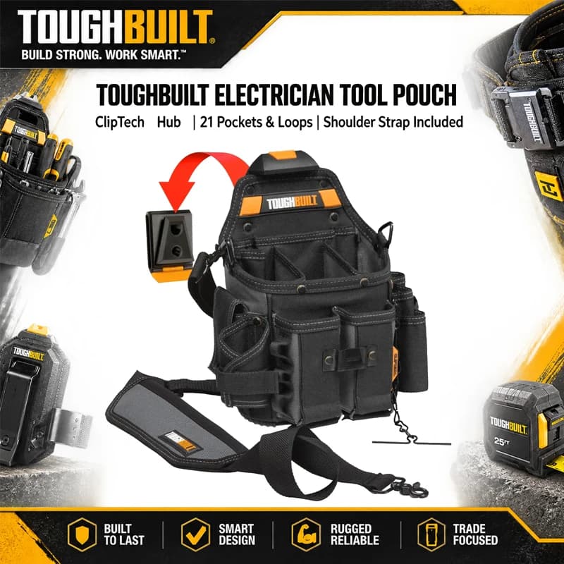 Toughbuilt TB-CT-114 Electrician's Tool Bag With ClipTech Quick-Release Belt Buckle, 21-Pocket Storage Pouch, And Shoulder Strap