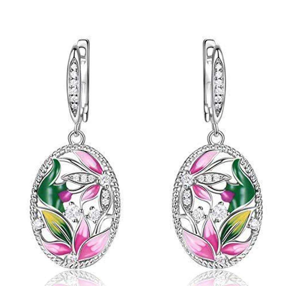 Huitan Orecchini in smalto con fiori rosa dal design creativo per le donne Orecchini in argento con foglie verdi di cristallo di lusso CZ Gioielli di moda