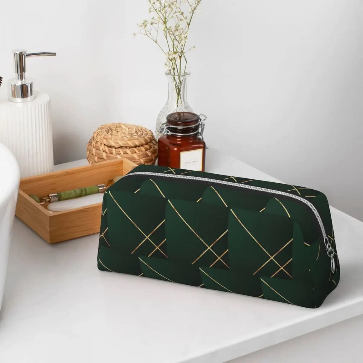 Minimalist Dark Green And Gold Lin Pencil Cases for Students Gifts Pen Box Pencil Bag Pencil Pouch Storage Stationery Supplies