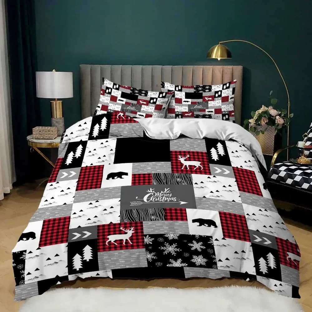 Set biancheria da letto di buon Natale, set copripiumino 3D Super King Size, stampa digitale, regalo di Capodanno, fiocco di neve, cervo, trapunta rossa