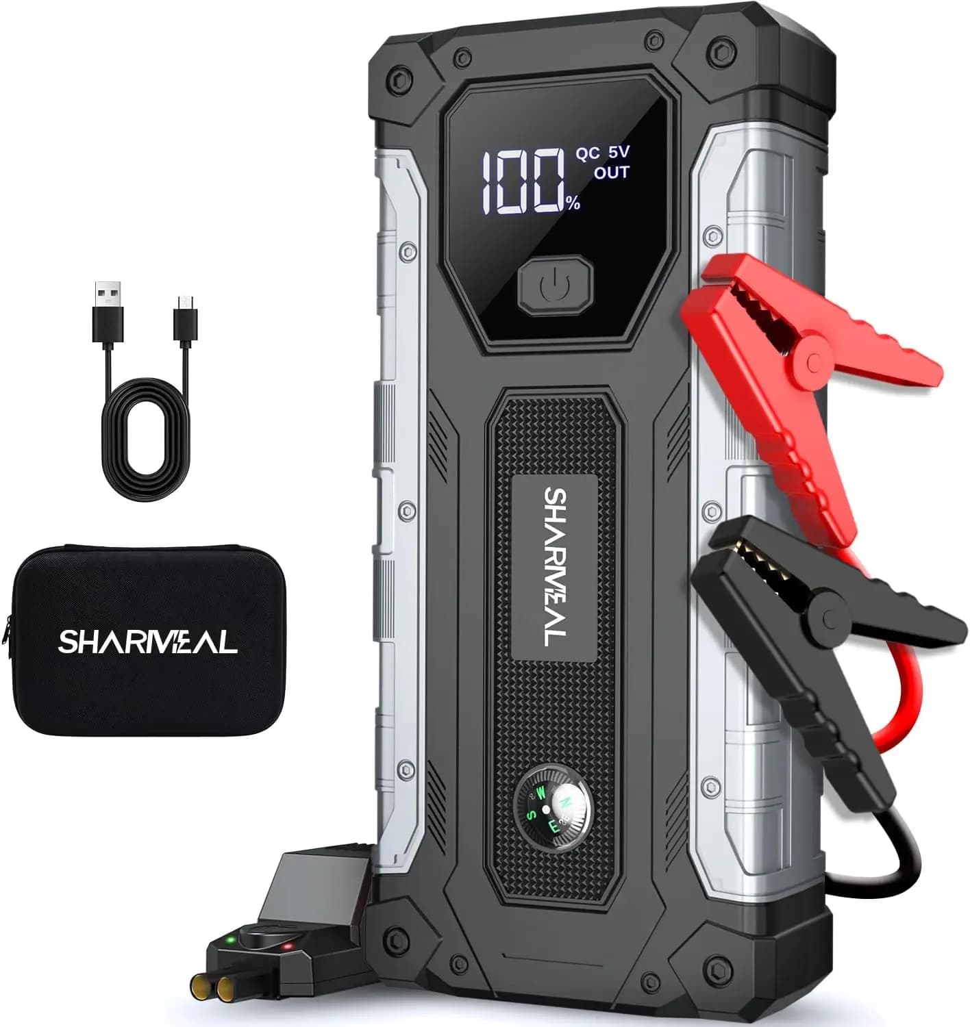 Avviatore di Emergenza Portatile 5000A per Motori a Benzina 10L e Diesel 9L, Batteria 12V con Luce LED