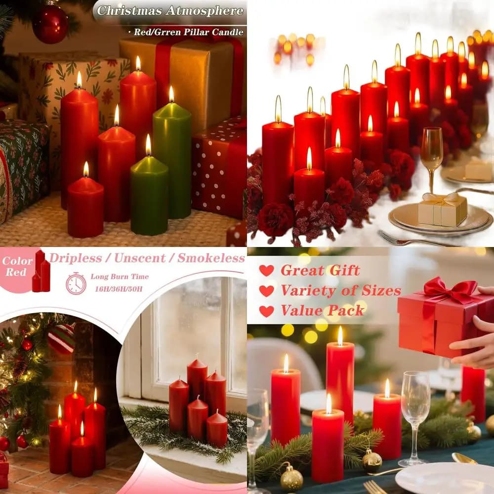 Set of 36 Red Column Candles, 3 Measures (12 of each), No Perfume, Perfect for Weddings and Events