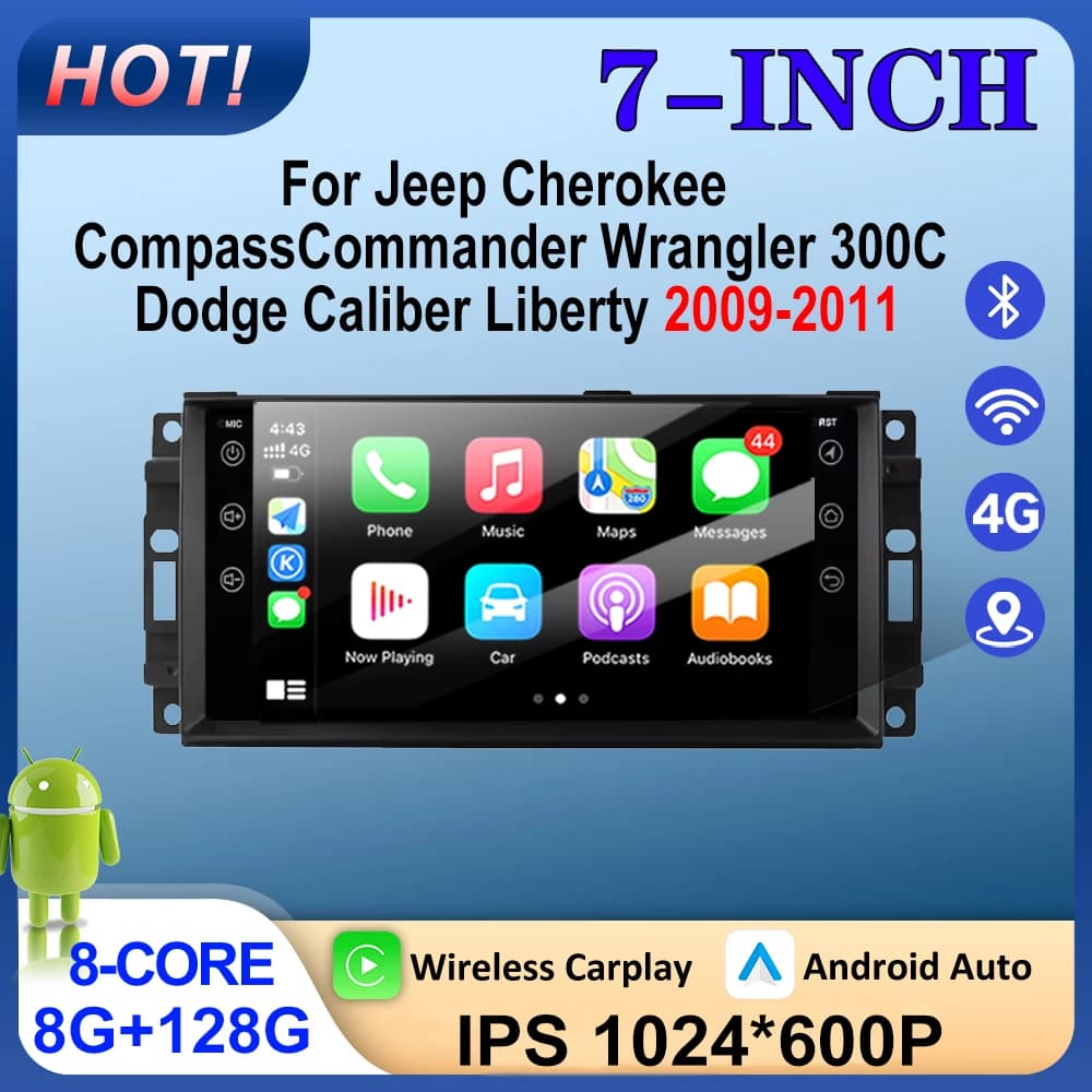 Autoradio Android 16 Per Jeep Cherokee CompassCommander Wrangler 300C Dodge Caliber Liberty2009-2011 Carplay 4G 7 "NO 2 Din