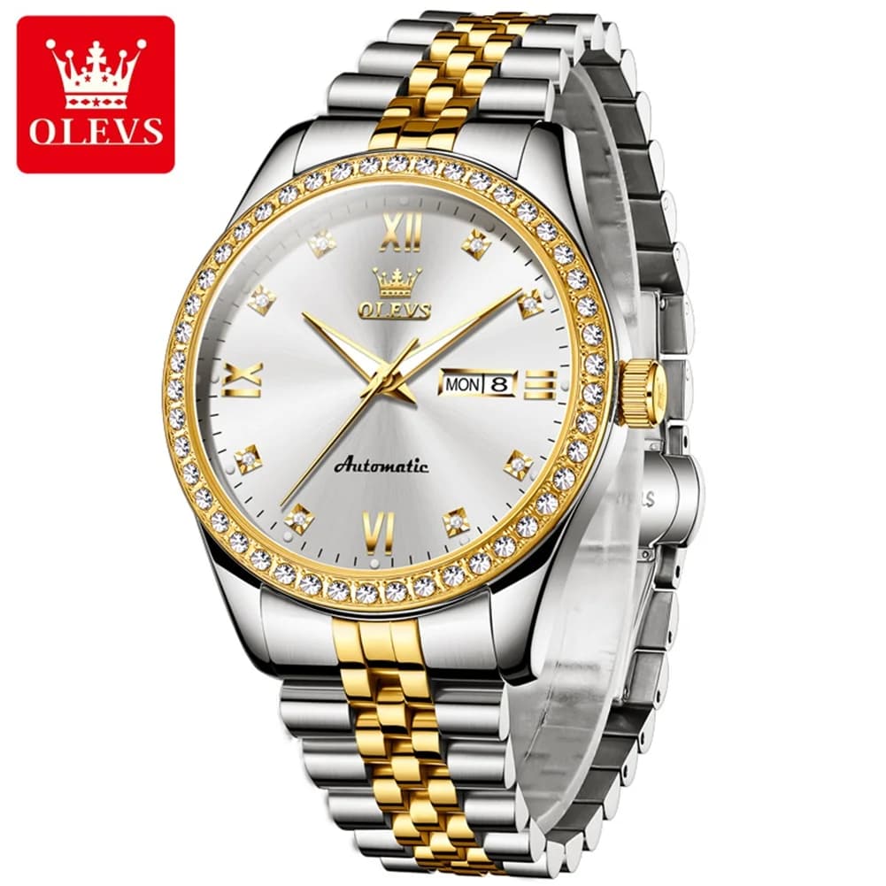 OLEVS Mens Watches Top Brand Luxury Diamond Mechanical Watch Men Stainless Steel Waterproof Luminous Hands Fashion Wristwatch
