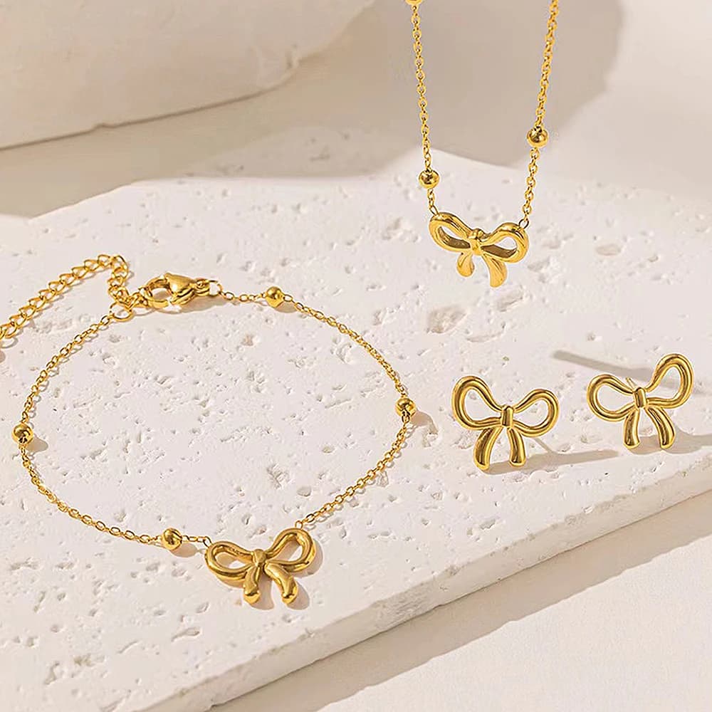 Stainless Steel 3 Pc Set Bow Pendant Earrings Earrings Set Hollow Bow Bracelet Set Valentine's Day Gift Women's Fashion Jewelry