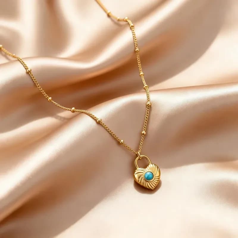 Luxury Turquoise Heart-shaped Lock Pendant Necklace Stainless Steel Beads Chain Blue Natural Stone Fashion Jewelry for Women