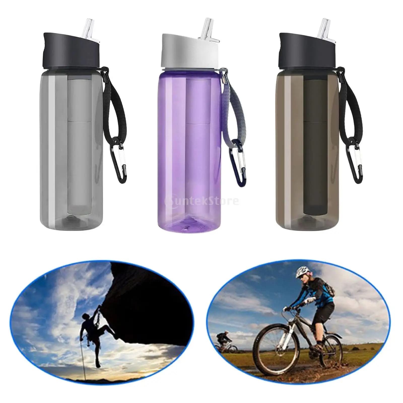 Bottiglia del filtro dell'acqua campeggio zaino in spalla bottiglia d'acqua filtrata di emergenza con cannuccia filtrante a 4 stadi senza BPA