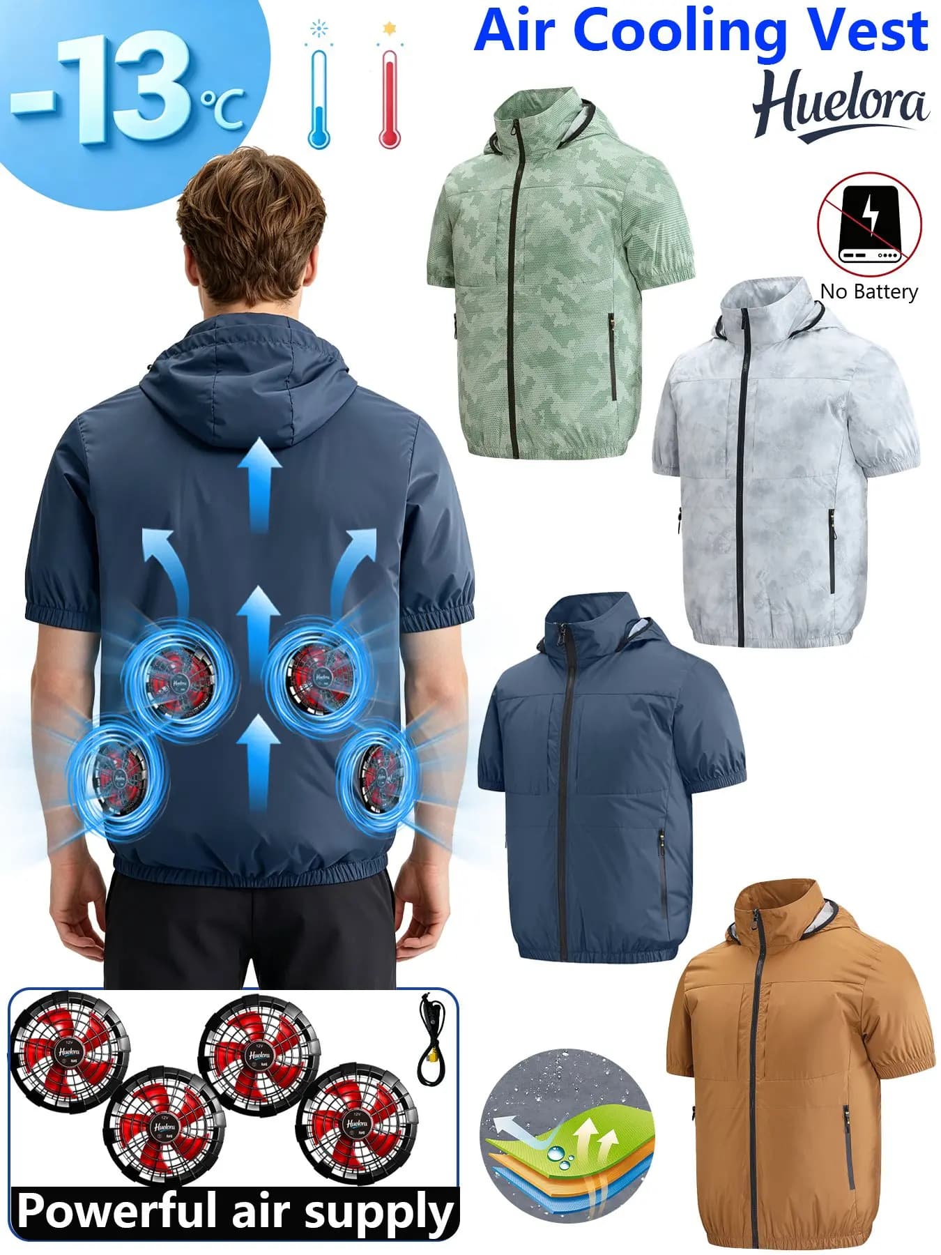4 Rear Fans Hooded Short Sleeve Cooling Vest ,4 Colors Camo Print & Solid Tone, for Outdoor Construction Fishing Labor