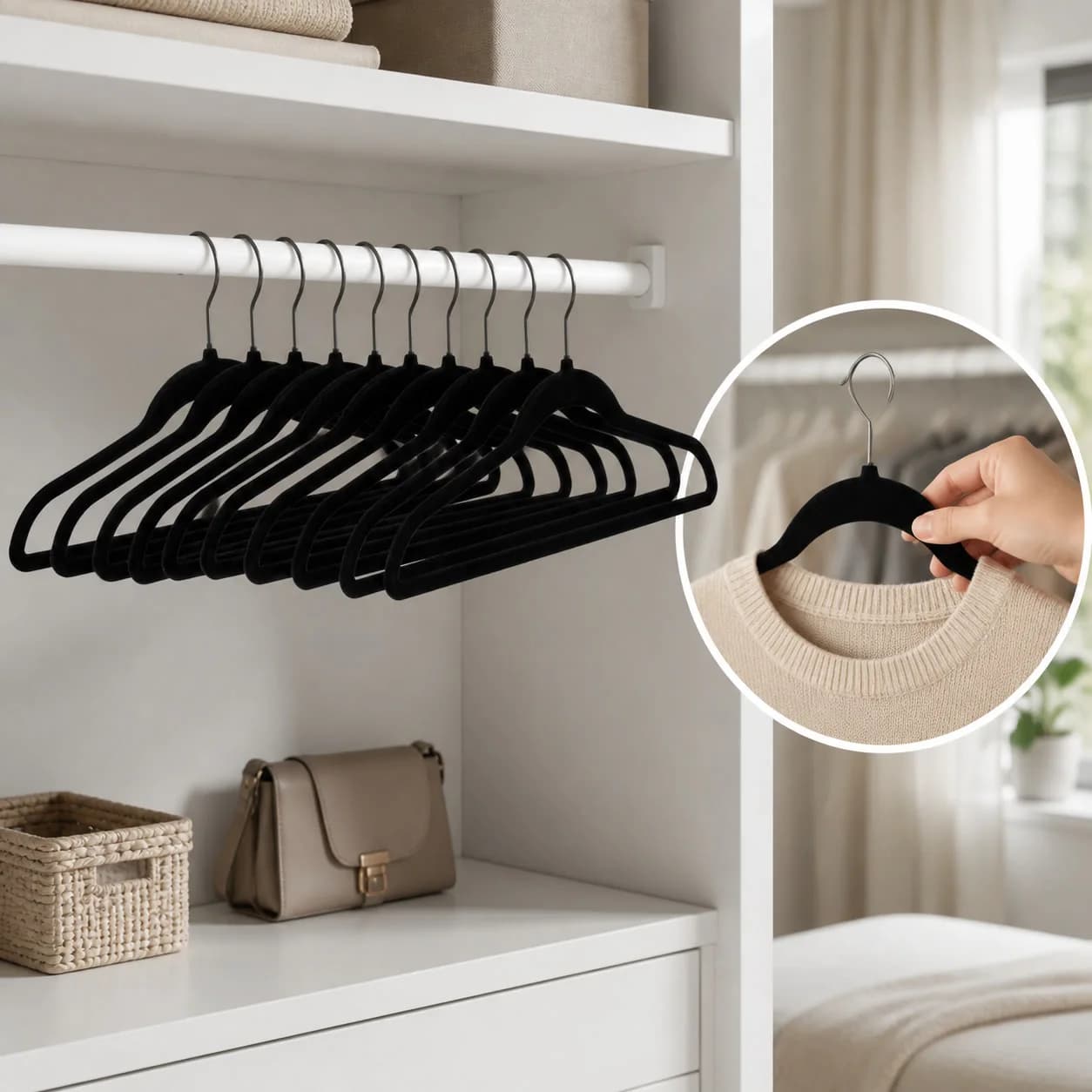 10ct Petite Black Velvet Flocked Clothes Hangers For Pants Sweaters Shirts Dresses Closet Space Saving