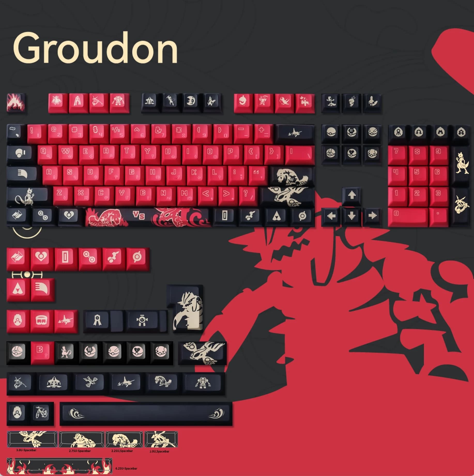 143 buttons groundon Keycaps black red profile KCA PBT sublimation of mechanical keyboard dye Keycap for MX Switch 61/64/75/84/87/980