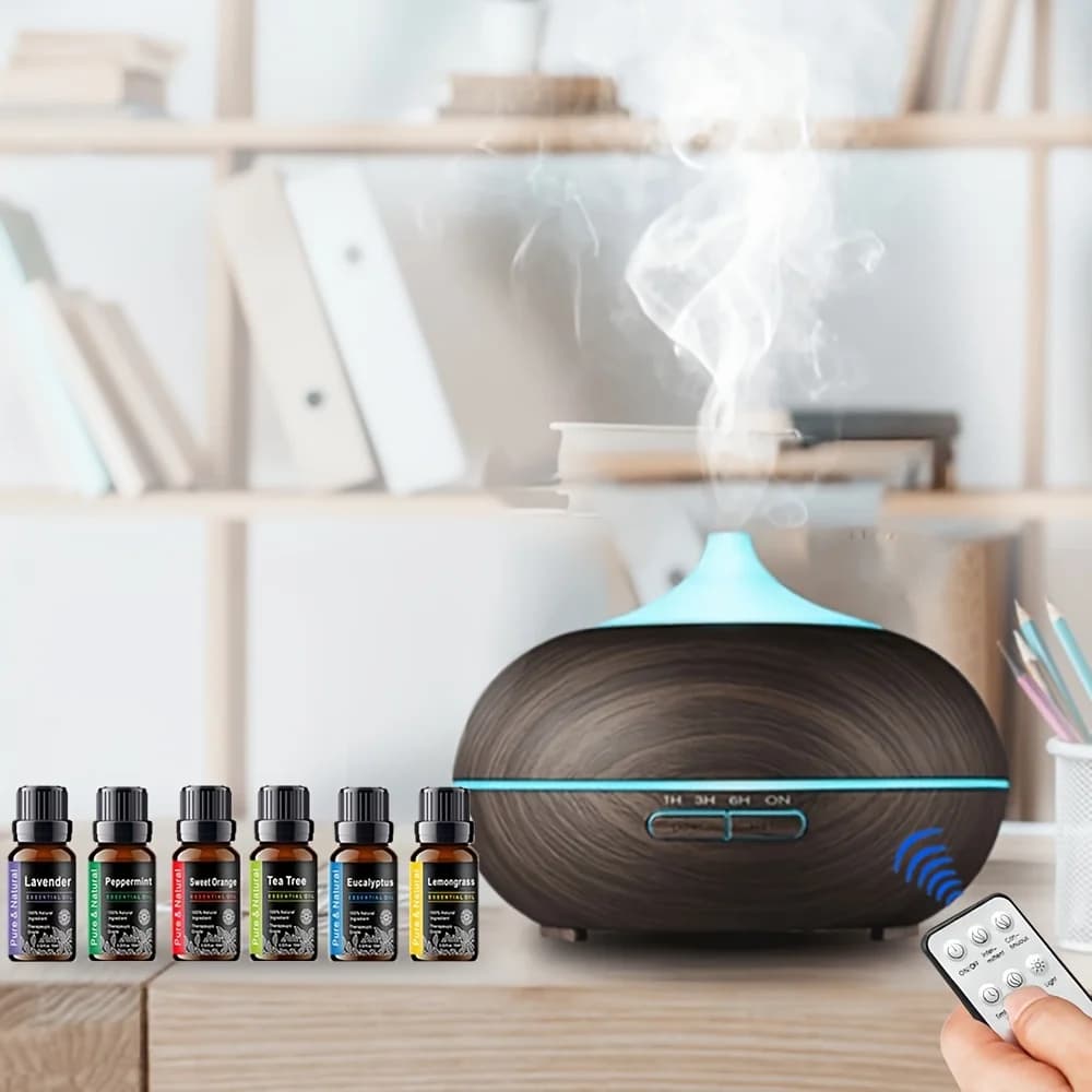 Diffusore di aromaterapia ad ultrasuoni con 6 oli essenziali, umidificatore a nebbia fredda con telecomando, capacità di 18,6 once, con spegnimento automatico