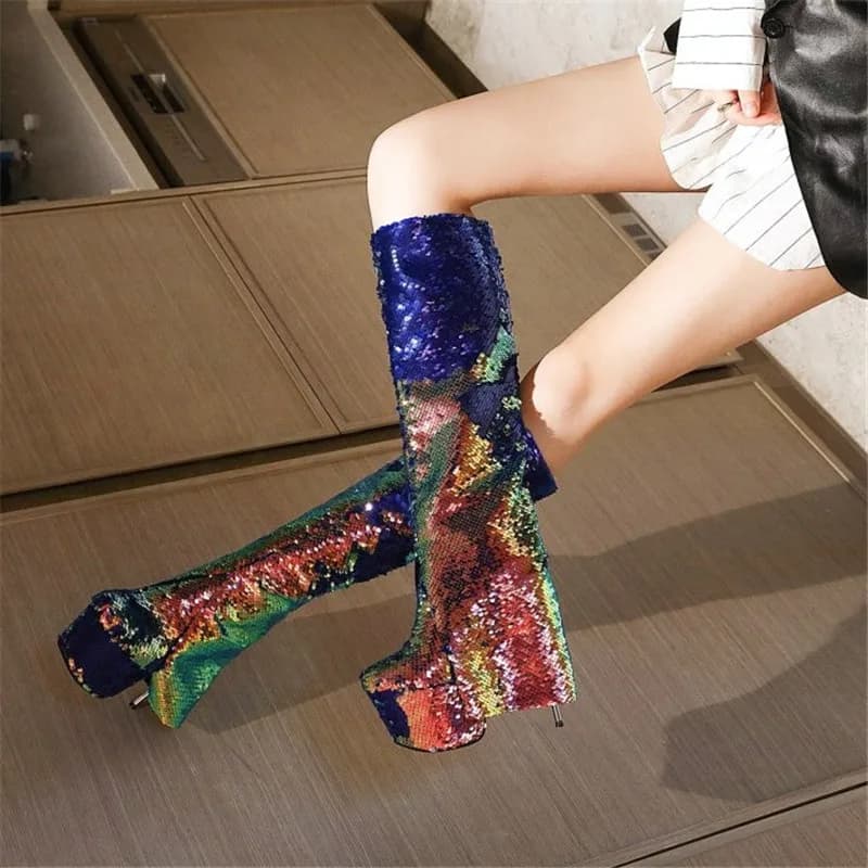 Bling Bling paillettes tacchi in metallo stivali al ginocchio pieghevoli donna stivali a punta Glitter Paillette stivali lunghi da palcoscenico Feminina