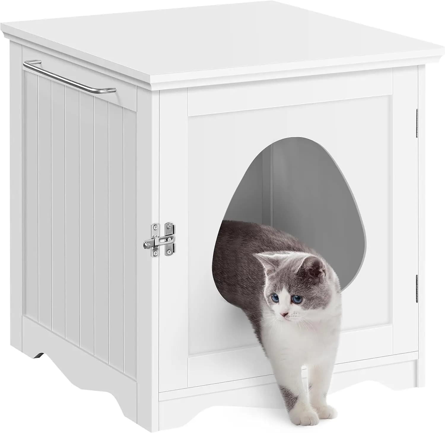 Mobiletto per lettiera per gatti in legno con portasciugamani, mobiletto bagno per animali domestici, mobile da interno bianco