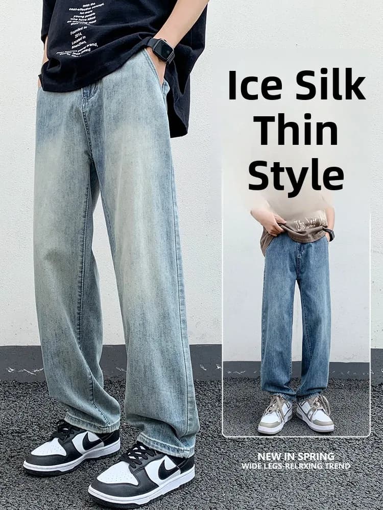Jeans a Gamba Larga in Seta Ghiaccio da Uomo, Sottili Estivi, Stile Americano di Tendenza, Marca INS, Pantaloni Larghi High Street, Abbigliamento Casual Giovanile, Lunghi
