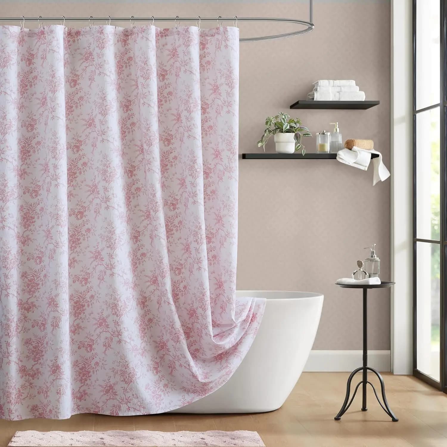 Elegante Tenda Doccia Floreale, Tessuto in Cotone Testurizzato, Lavabile in Lavatrice 72x72 Pollici, Decorazione Bagno Rosa