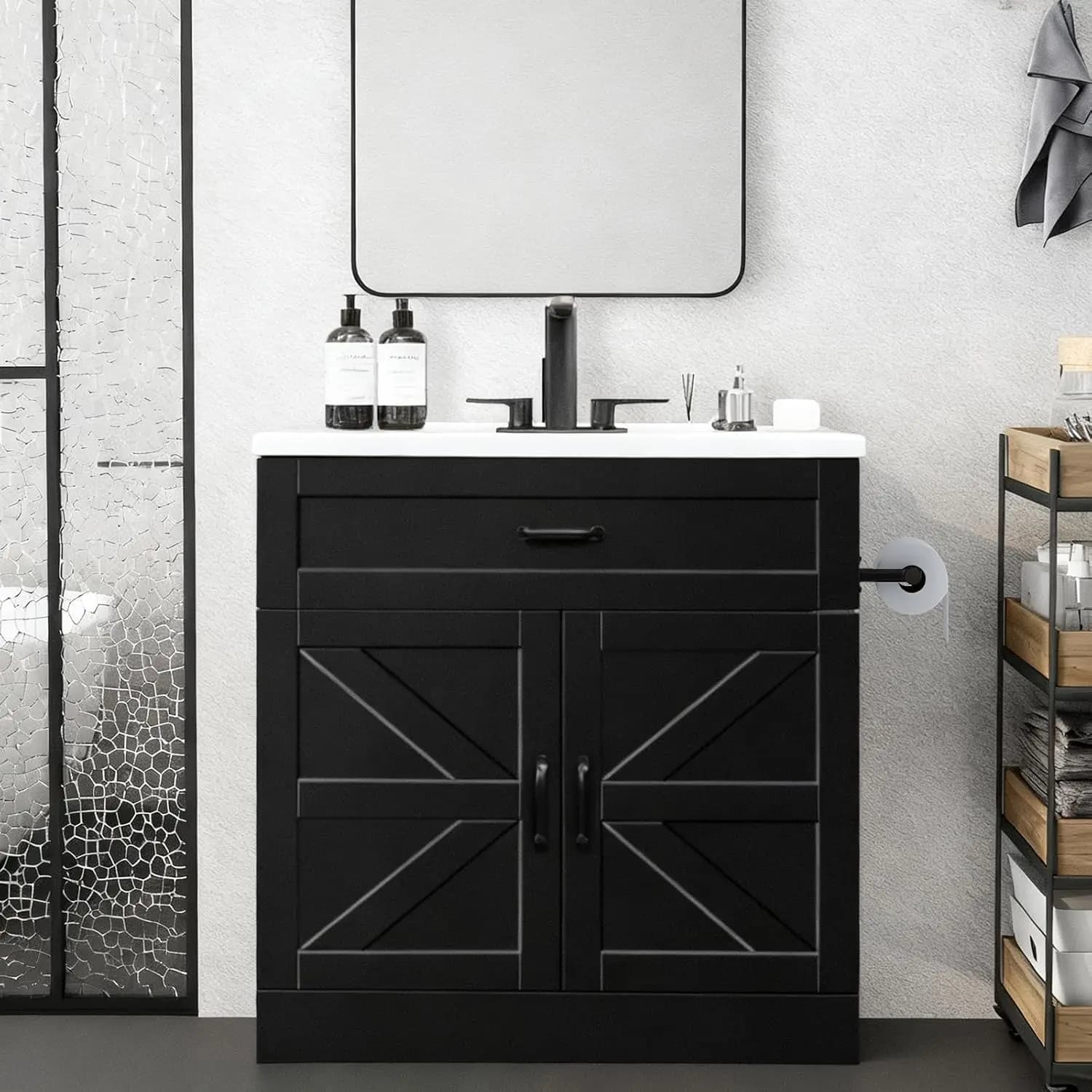 Mobile bagno stile rustico da 31 pollici con lavabo, mobiletto bagno con cassetto e 2 ante scorrevoli, maniglie in metallo (Nero)