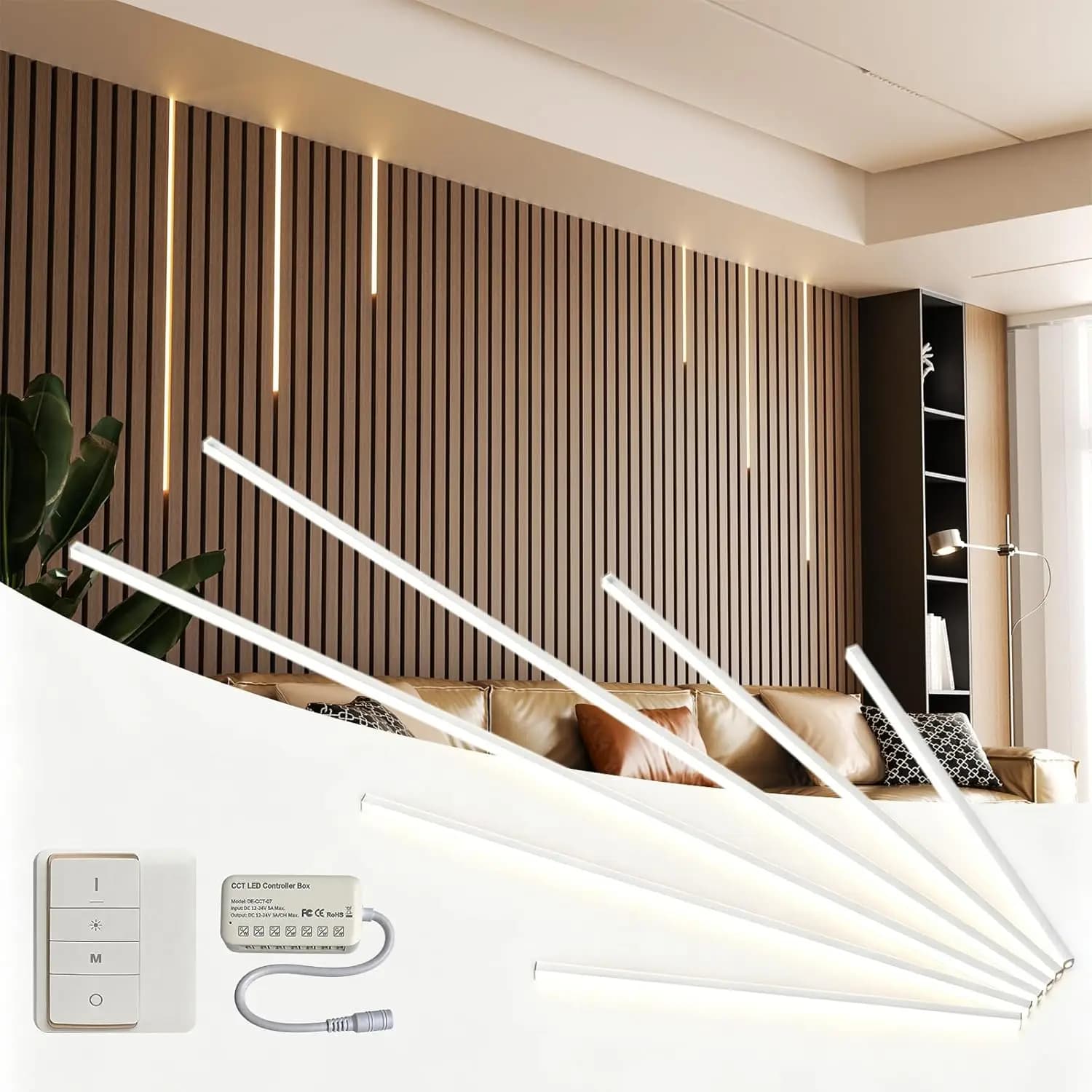Kit di illuminazione a LED da incasso a parete da 6 pezzi per pannelli, strisce luminose CCT COB con telecomando, dimmerabili 3000K-6000K, adesive