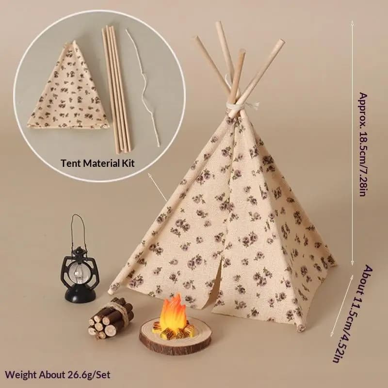 Set 1/12 per Casa delle Bambole: Scena di Cucina all'Aperto con Barbecue, Tenda da Campeggio in Miniatura e Modello di Falò con Motivo Floreale/a Pois