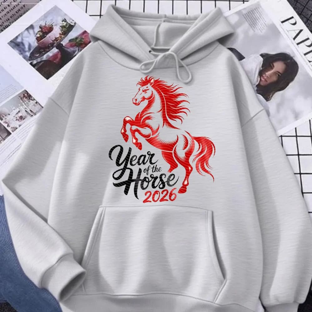 Felpa con cappuccio da donna con grafica cavallo zodiacale rosso Pring autunno inverno Capodanno lunare 2026 Pullover moda Felpe unisex Kawaii