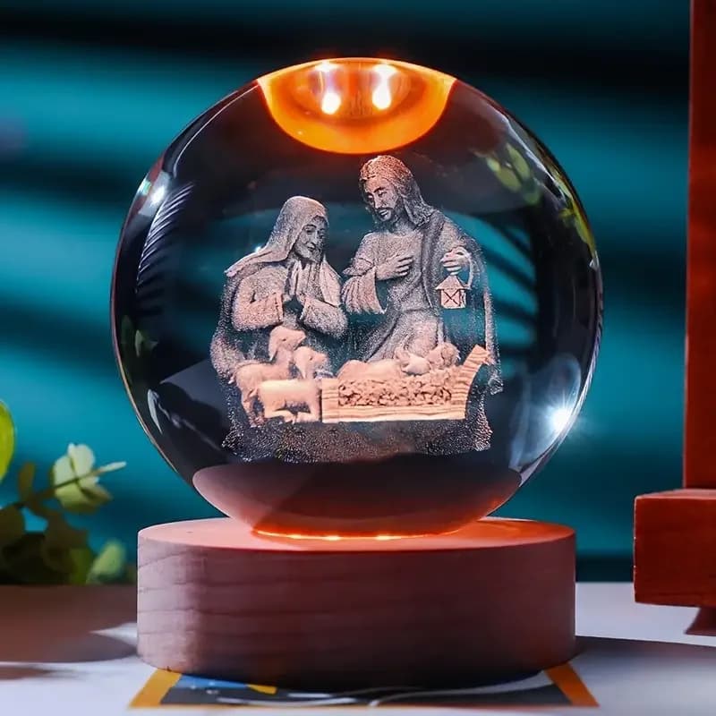 1 3D laser engraving Night light with crystal ball of Jesus coming, modern decoration in polished glass, Christmas, Halloween,