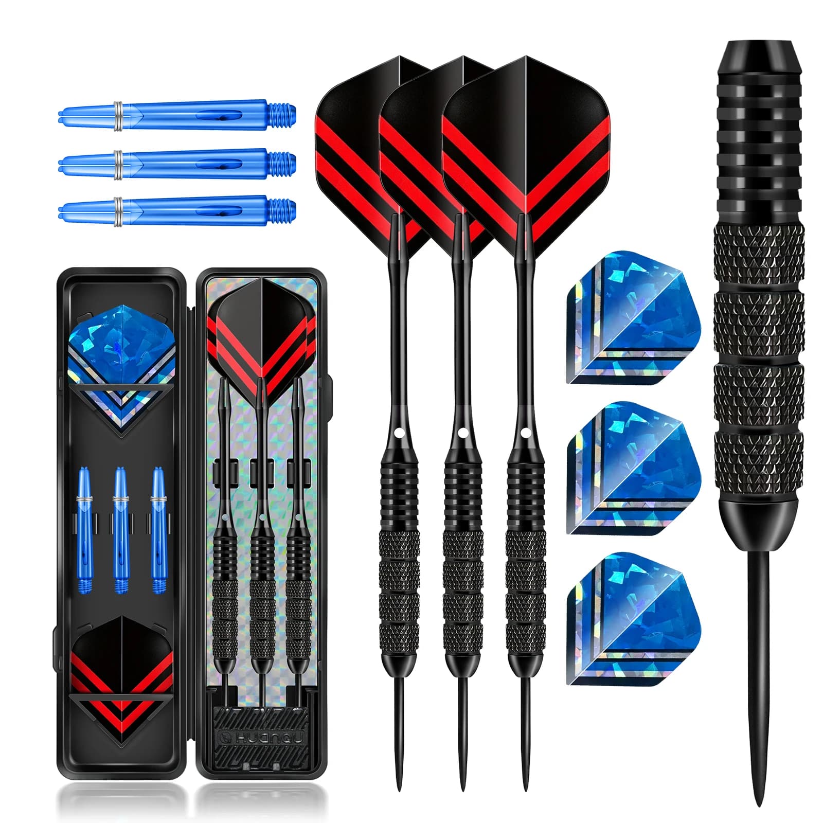 HUANQU 3 Pcs 24g Steel Tip Darts Set Professional Iron Barrel Darts with Storage Case Extra Shafts Flights Game Accessories