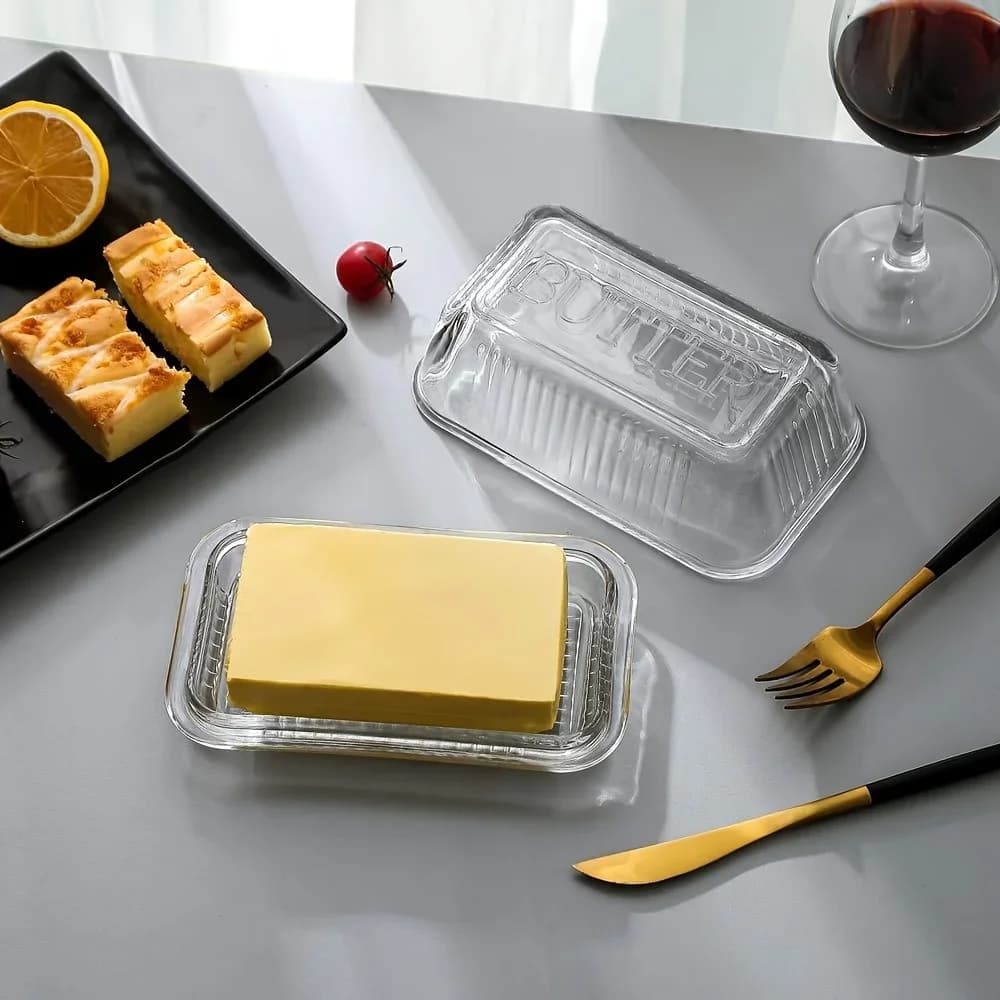 Piatto per burro trasparente creativo con coperchio Scatola per decorazione torta al formaggio Conservazione degli alimenti multifunzionale Porta burro in vetro vintage Contiene