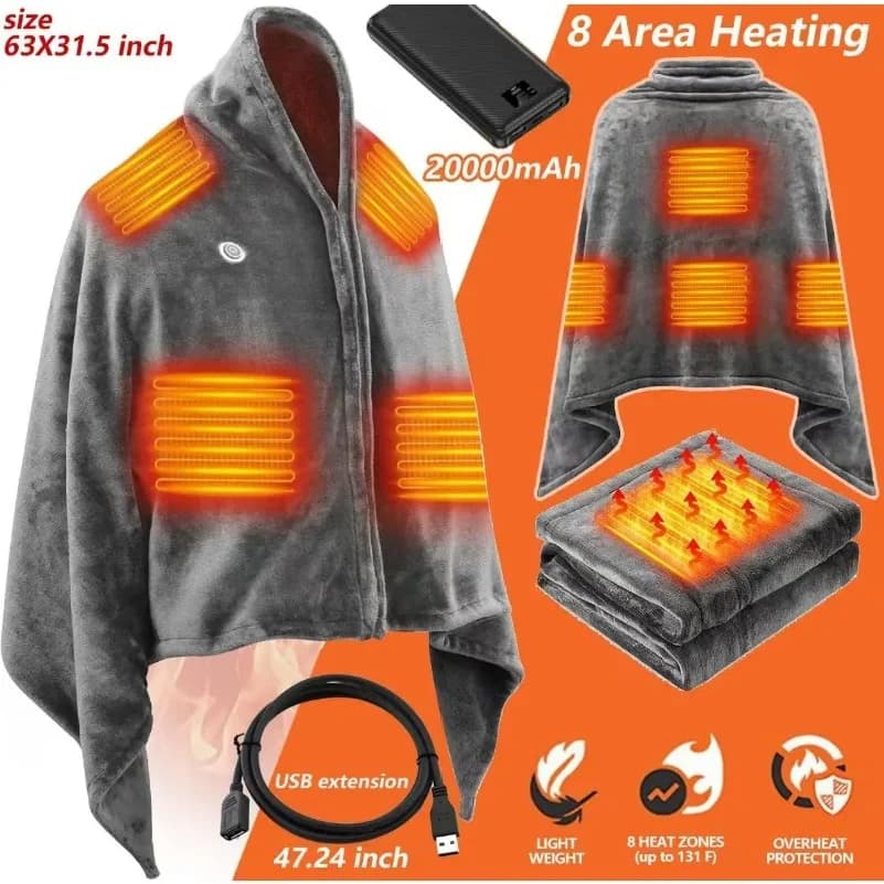 2026 New USB Heated Shawl Blanket, Electric Warming Wrap for Women Men, Rechargeable Battery Powered 3 Heat Settings