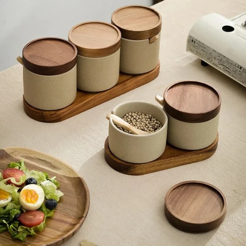 Set contenitori per spezie da cucina - Bottiglie per zucchero e sale con coperchio in legno