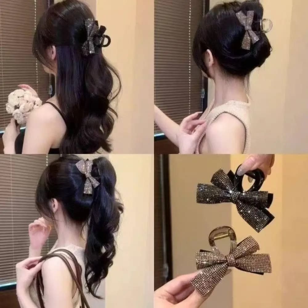 Hair clip with bow full of fashionable diamonds Simple romantic high horsetail clip Elegant shark clip to wear every day