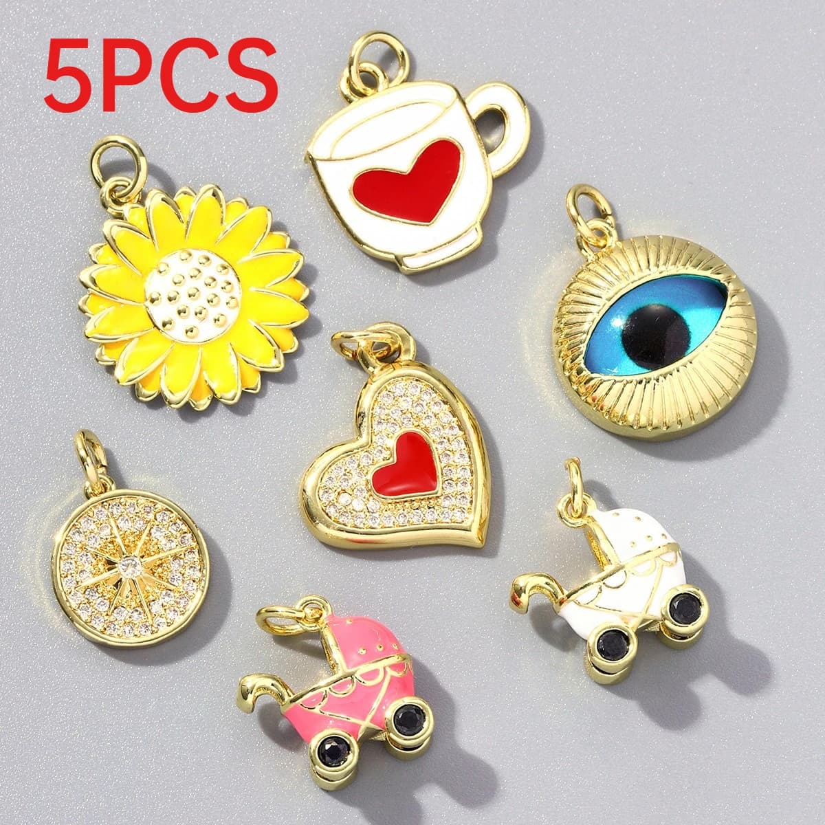 5Pcs Ins Style Copper Pendant Charms Evil Eye Tree Heart Baby Stroller Coffee Cup DIY Necklace Making Supplies