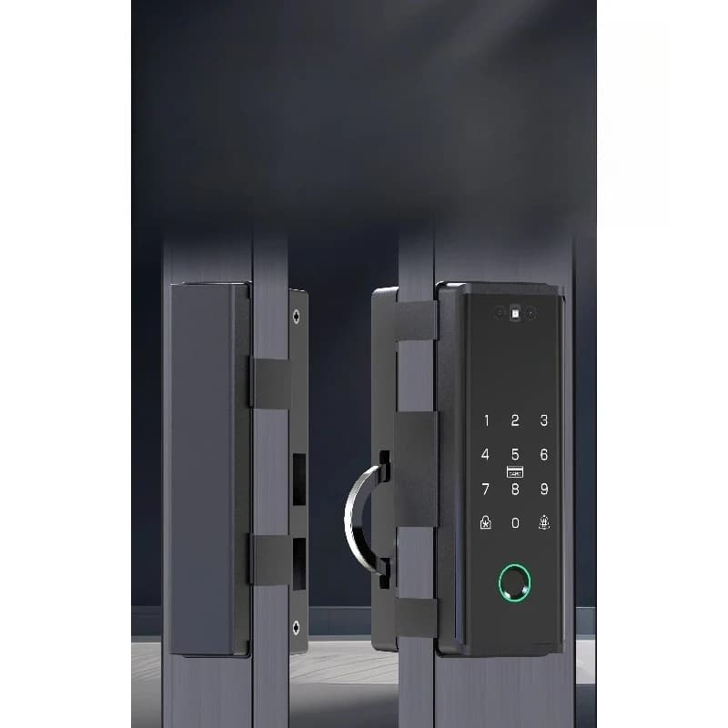 Serratura intelligente per porta con riconoscimento facciale, porta in vetro con cornice, serratura con password, porta in lega di alluminio, doppia apertura, serratura con impronta digitale aperta