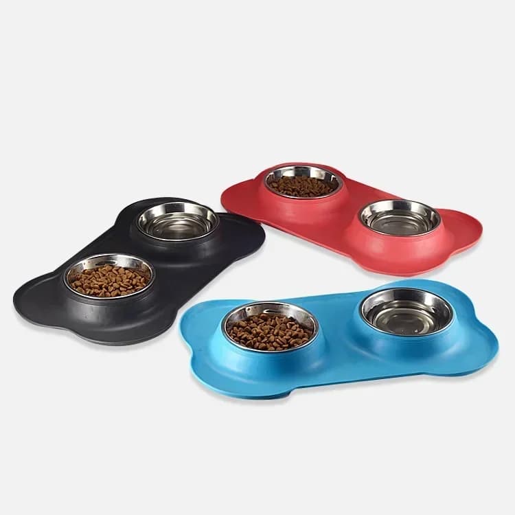 Ciotola Doppia Antiscivolo per Cani con Tappetino in Silicone, Resistente, in Acciaio Inossidabile, Anti-Rovesciamento, per Cibo e Acqua