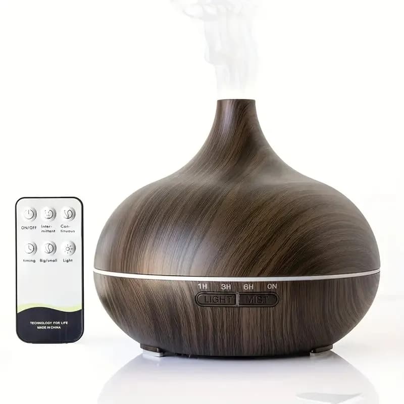 Diffusore di oli essenziali con venature del legno da 550 ml con telecomando, umidificatore ad ultrasuoni, luce LED a 7 colori e 6 oli