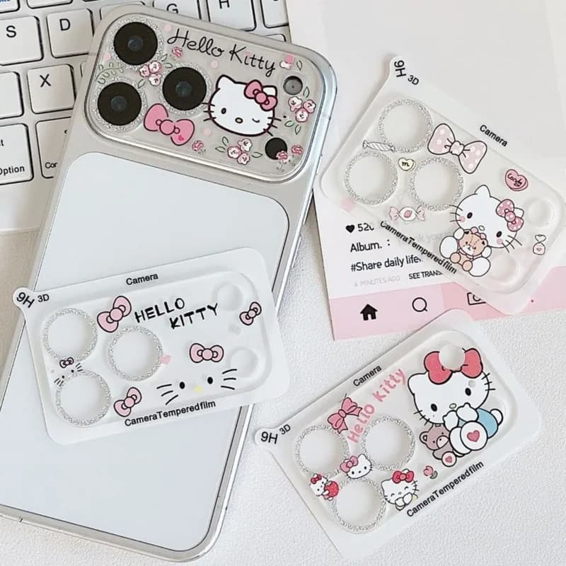Cute Hello Kitty Glitter Camera Lens Protector Kawaii Sanrio Bling 9H Tempered Glass Film for iPhone 18 Pro Max 18 Pro 17 ProMax