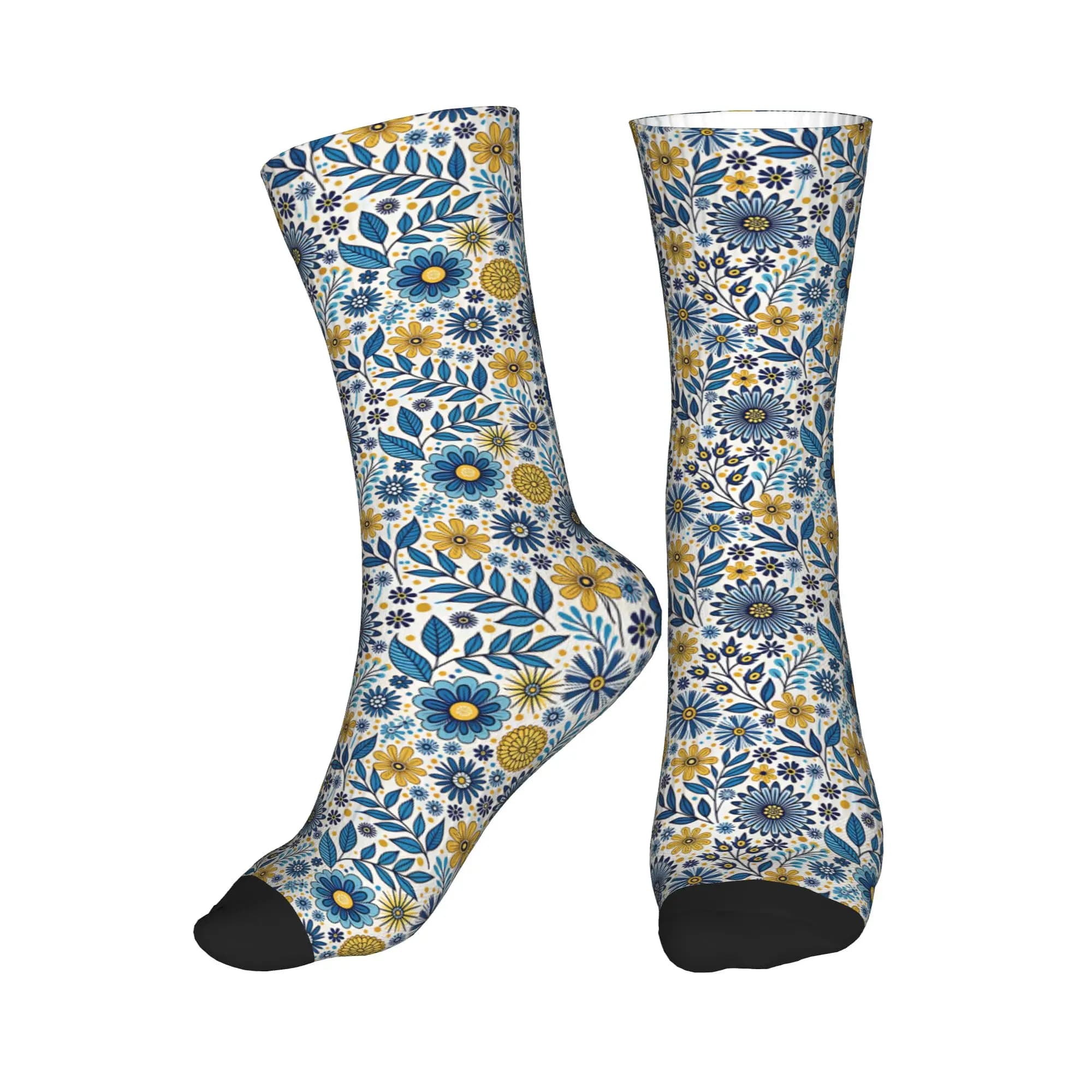 Kawaii Men's Folk Art Talavera Blue Yellow Daisy Floral Dress Socks Unisex Breathbale Warm 3D Printed Crew Socks