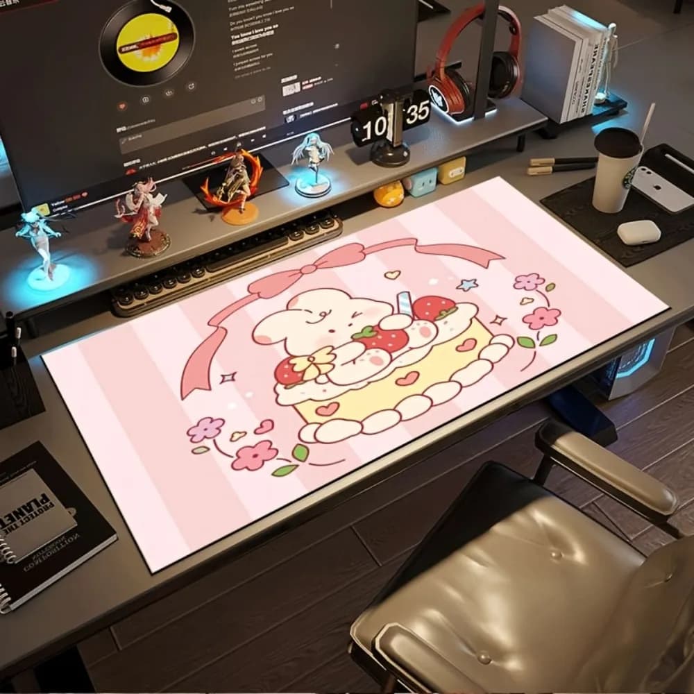 Tappetino da scrivania grande Strawberry Bunny Cake, tappetino per mouse rosa pastello, tappetino per tastiera antiscivolo per casa, ufficio e gaming