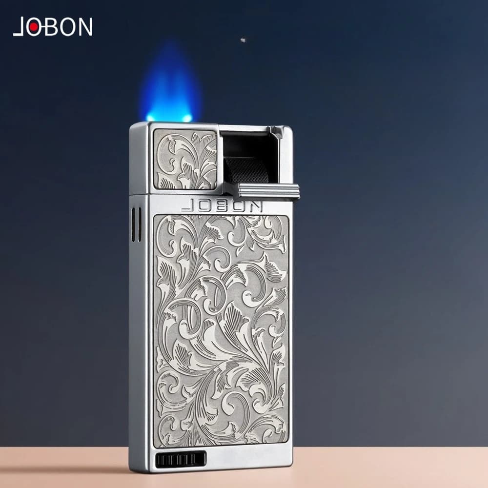 Accendino a gas JOBON Flat Fire Blue Flame, accensione a leva, modello Tangcao in rilievo, regalo creativo da uomo di fascia alta