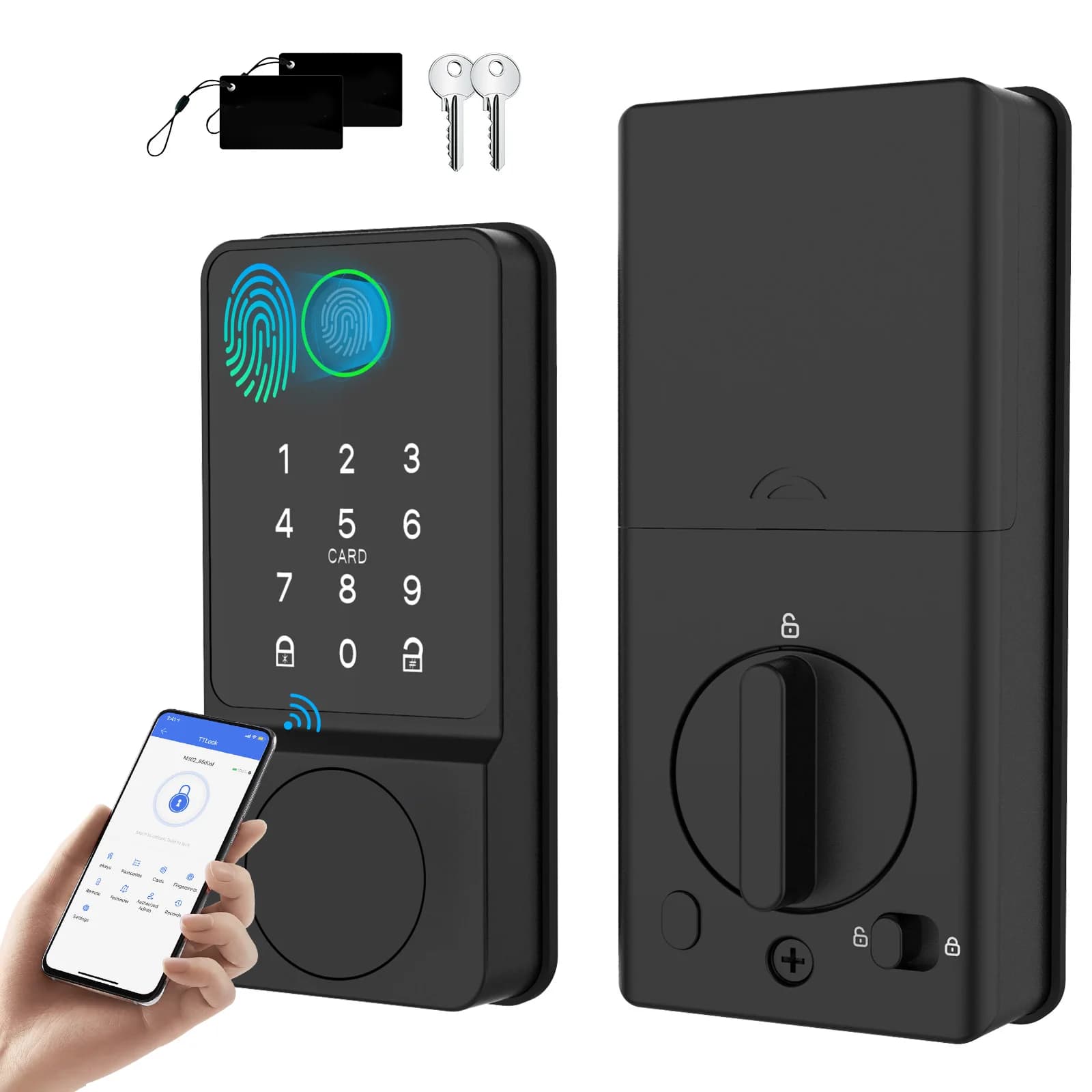 Serratura per porta con catenaccio senza chiave Serrature intelligenti per porta d'ingresso, serratura automatica con controllo APP, impronta digitale, codice tastiera, scheda e chiavi
