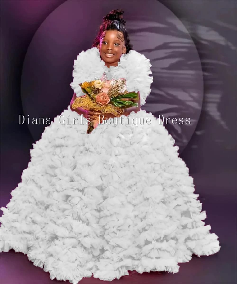 Abito da ragazza di fiori fatto a mano in rilievo per abiti da sposa Ruffles Floral Toddler Pageant Gowns Tulle Ball Kids Birthday Gift