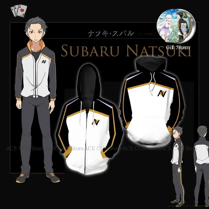 Re:Zero Natsuki Subaru Plus Size Men's Sports Pullover Costume – Zip-up Cardigan Sweatshirt, Anime Halloween Carnival Clothes