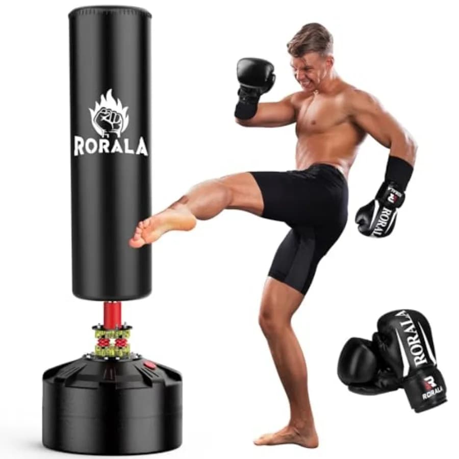 Sacco da boxe autoportante con supporto in acciaio per uso domestico, materiale in vinile nero, altezza 70 pollici, peso 203 libbre, include box da 12 once.
