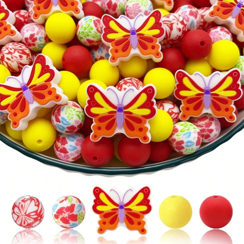 Set di 25 perline in silicone floreali e farfalle multicolori, adatto per gioielli fai da te, portachiavi, accessori e altri accessori